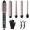 5 in 1 Curling Wand Hair Curling Iron Brush Hair Thermal Brush Curler with 4 Heating Levels 360° Rotatable Cable 5 Interchangeable Barrels 2 Clips Lea