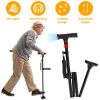 Folding Walking Cane with LED Light Red Flashing Light SOS Warning Tone 5 Adjustable Height Pivoting Quad Base Collapsible Portable Lightweight Walkin