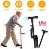 Folding Walking Cane with LED Light Red Flashing Light SOS Warning Tone 5 Adjustable Height Pivoting Quad Base Collapsible Portable Lightweight Walkin