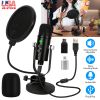 USB Condenser Microphone Set Professional Cardioid Studio Mic w/ Pop Filter Dual Adapters for Computer Phone Recording Streaming Gaming