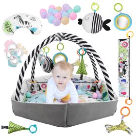 4 In 1 Baby Gym Play Mat Ball Pit Baby Lounger Safety Fence Tummy Time Mat Baby Activity Center with Pillow 18 Balls 9 Toys for 0-3 Years Old