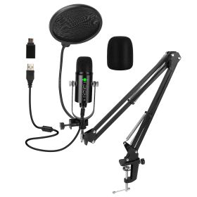 USB Condenser Microphone Set Professional Cardioid Studio Mic w/ Pop Filter Type-C Adapter Scissor Arm Stand for Computer Phone Streaming Gaming