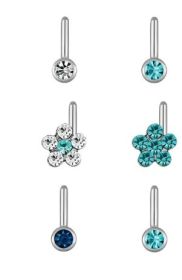 Body Jewelry- Adult Women's 22 Gauge Stainless Steel Multi Shape Crystal Nose Rings, 6 Pack