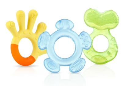 Nuby 3-Step Soothing Teether Set for Infants, Green/Blue/Yellow Unisex Baby Teethers, 3 Count