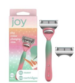 joy Female Razor Handle and 2 Blade Refill Cartridges, Color-changing
