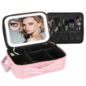 Travel Makeup Bag with LED Mirror Makeup Case Organizer with 3 Light Colors Adjustable Dividers Brush Holder Magnifying Mirror Shoulder Strap Luggage (Option: L_Pink)