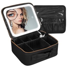 Travel Makeup Bag with LED Mirror Makeup Case Organizer with 3 Light Colors Adjustable Dividers Brush Holder Magnifying Mirror Dimmable USB Rechargeab (Option: S_Black)